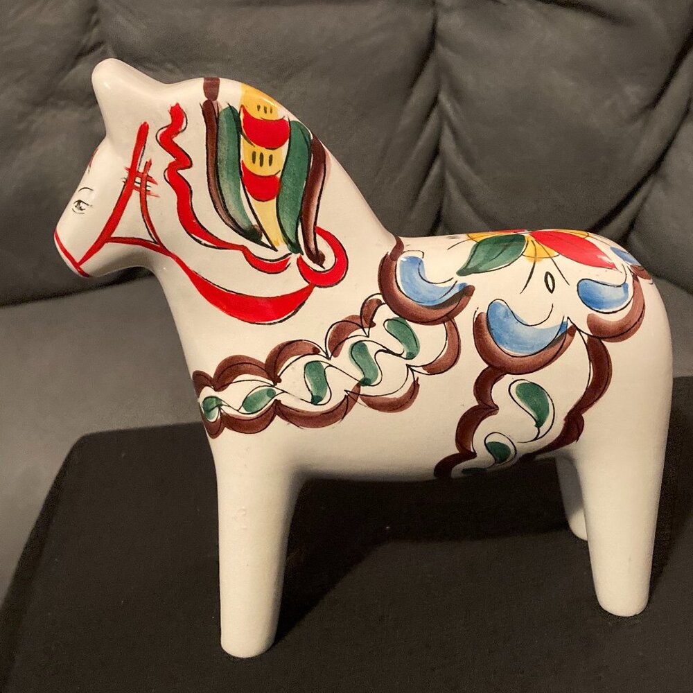 VTG 1970's Porcelain Scandia Dala Horse Figurine Hand Painted-Brazil-6.5"H-EUC